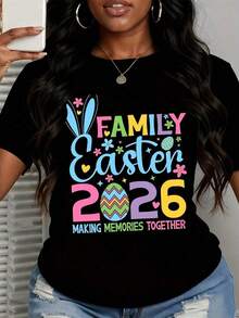 1 Piece 2026 Easter Family T-Shirt "Creating Memories Together" With Easter Bunny Ears Design And Colorful Egg Graphic For Spring Family Events, 180g 100% Cotton - 黑色 - 查看 3