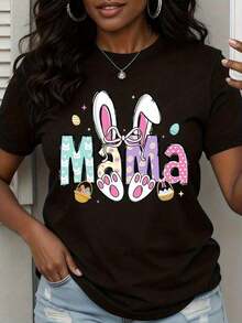 Women's Easter T-Shirt With Bunny Ears And Paw Prints, Easter Gift, Animal Themed T-Shirt, Easter Clothes For Mom, Fashion Top, Urban Vintage Style, Unisex, Loose Cotton Short Sleeve Crew Neck T-Shirt, 100% Cotton - 黑色 - 查看 7