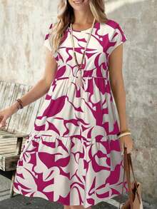 Vestido casual corto de manga corta con cuello redondo y estampado geométrico para mujer, primavera/verano - Rosa Fucsia - Ver 5