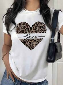 Premium Women's White T-Shirt With Leopard Heart, Love Quote And Animal Print T-Shirt, Boho And Modern Style Blouse, Casual Top For Women's Gift Or Everyday Wear, - 白色 - 查看 8