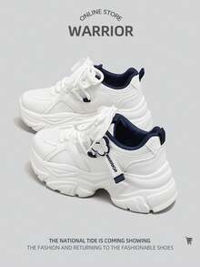 WARRIOR 1双女士运动低帮网面休闲鞋，厚底厚底运动鞋 - 白深藍 - 查看 4