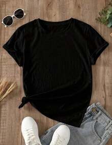 100% Cotton Solid Color Crew Neck T-Shirt, Casual Short Sleeve T-Shirt For Spring And Summer, Women's Clothing - 黑色 - 查看 1