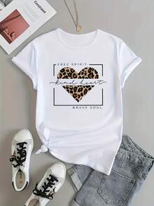 Women's T-Shirt - Soft Crew Neck, Short Sleeve, Leopard And Heart Print - Casual Summer Blouse, Regular Fit, Machine Washable For Casual And Layered Outfits - Stylish Top For Warmer Months - Women's Tops - 白色 - 查看 7