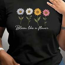 Camiseta transpirable para mujer con estampado "Bloom Like A Flower" - Cuello redondo casual, mangas cortas, ligeramente elástica, diseño floral de primavera y verano, top casual de verano. |   Top con Estampado Floral |   Tela de elasticidad media, camiseta de mujer para el Día del Padre, uso diario, resistente a la decoloración, para hombre, estilo minimalista, playeras de mujer algodón,  mujer premium - Negro - Ver 7