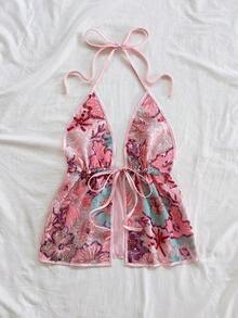 Top sin espalda con estampado de leopardo, cuello de atar y diseño casual para mujer - Rosa - Ver 5