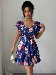 Vestido elegante y romántico para vacaciones con cuello en V con volantes, cintura ceñida y estampado de lunares en forma de línea A para mujeres - Multicolor 4 - Ver 4