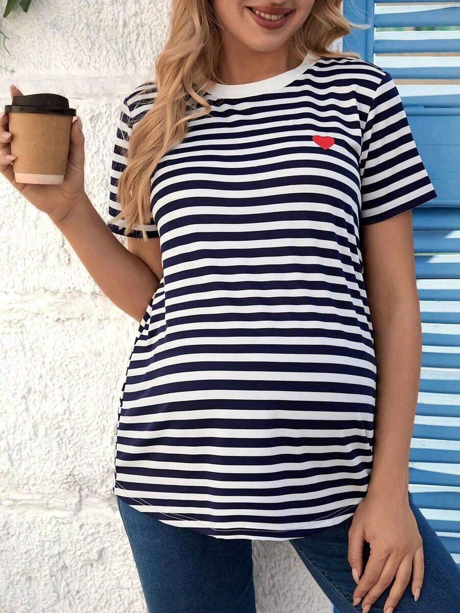 Camiseta De Maternidad De Cuello Redondo A Rayas De Manga Corta Para Verano - Azul - Ver 1
