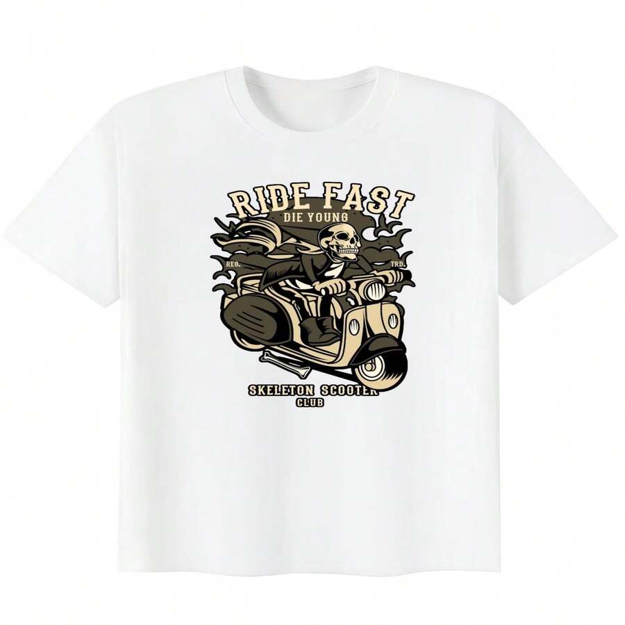 Camiseta informal de algodón de manga corta y cuello redondo con estampado de calavera "Ride Fast Die Young" para mujer. - Blanco - Ver 1