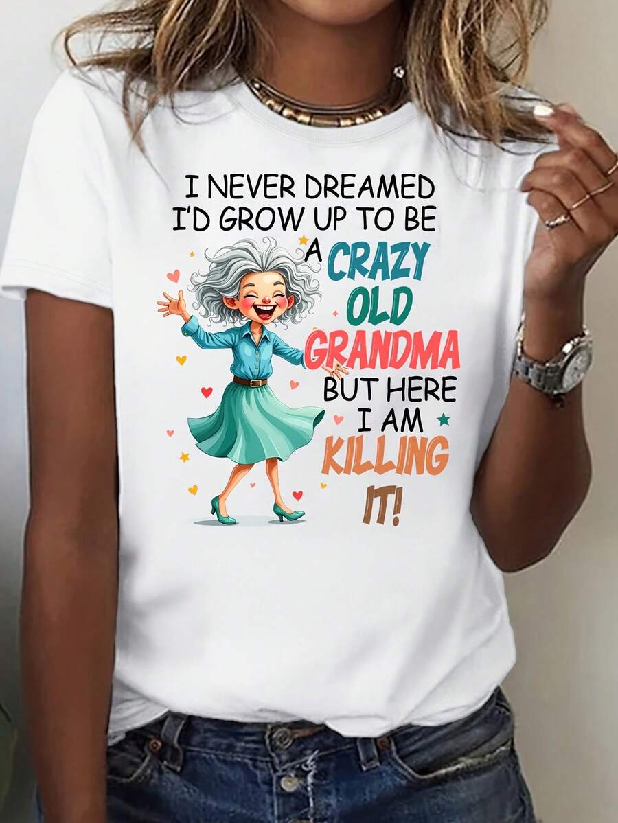 Camiseta gráfica divertida de talla grande para mujer "Abuela Loca" - Estampado animado animado, manga corta casual, cuello redondo cómodo, adecuada para primavera, verano y otoño, camiseta de ajuste holgado, ropa divertida| Camiseta divertida de abuela| Camiseta cómoda - Blanco - Ver 1
