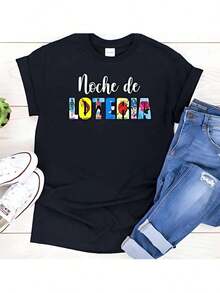Playera tipo oversize estampada para mujer  y letras decoradas con ilustraciones de cartas clásicas del juego tradicional mexicano, con frase "Noche de Lotería"ideal para un look cultural y divertido. - Negro - Ver 5