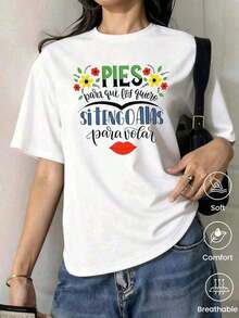 Camiseta de manga corta con cuello redondo para mujer, con estampado, hecha de tela de algodón puro. Cuello redondo clásico y minimalista, versátil y adecuado para todas las formas de cuerpo. Perfecto para citas, desplazamientos diarios y salidas informales. - Blanco - Ver 8