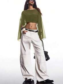 Blusa corta suelta de mangas de murciélago y cuello redondo de unicolor para mujer, de manga tres cuartos, para primavera/verano - Verde militar - Ver 5