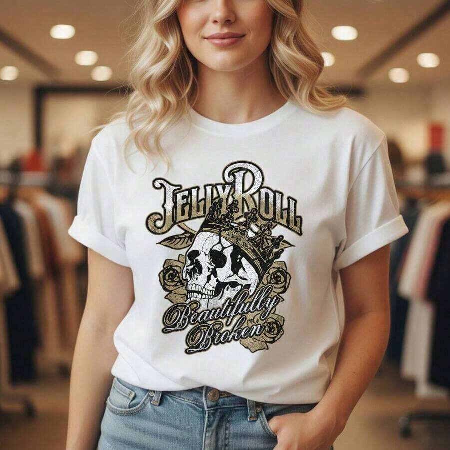 Jelly Roll Women's "Beautifully Broken" Graphic Print Cotton T-Shirt, Short Sleeve, Round Neck, Casual Style, Vintage Skull And Rose Design, Music Inspired Fashion, Comfortable For Everyday Wear, Suitable For Spring, Summer And Autumn. - 白色 - 查看 1