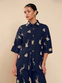 Camisa de lino negra de manga corta con bordado para mujer, camisa bordada casual, camisa negra de manga corta, camisa negra, camisa de vacaciones - Azul marino - Ver 4