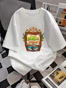 El estampado representa una aventura épica desde el Génesis hasta la Revelación con un barco navegando entre páginas abiertas simbolizando un viaje espiritual y natural por la selva con elementos de exploración y fe camiseta de mujer  cómoda y de estilo casual - Blanco - Ver 2