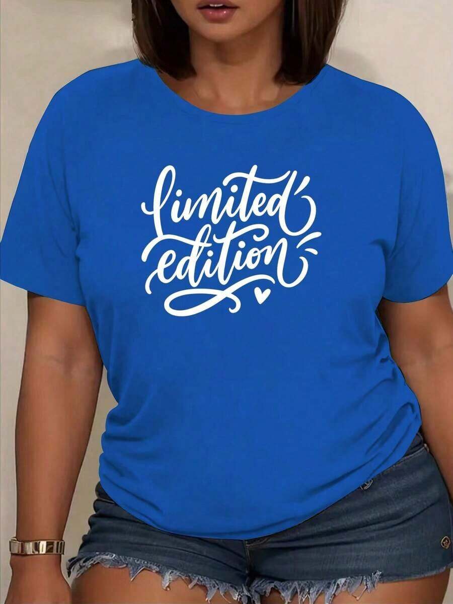 ComfortableCamiseta de algodón puro con estilo callejero vintage y fuentes caligráficas, camiseta estampada para mujer - transpirable, suave, de tela de elasticidad media, lavable a máquina, camiseta casual de manga corta, longitud regular, adecuada para el verano. Camiseta Holgada y Versátil de Manga Corta para Mujer - Azul - Ver 1