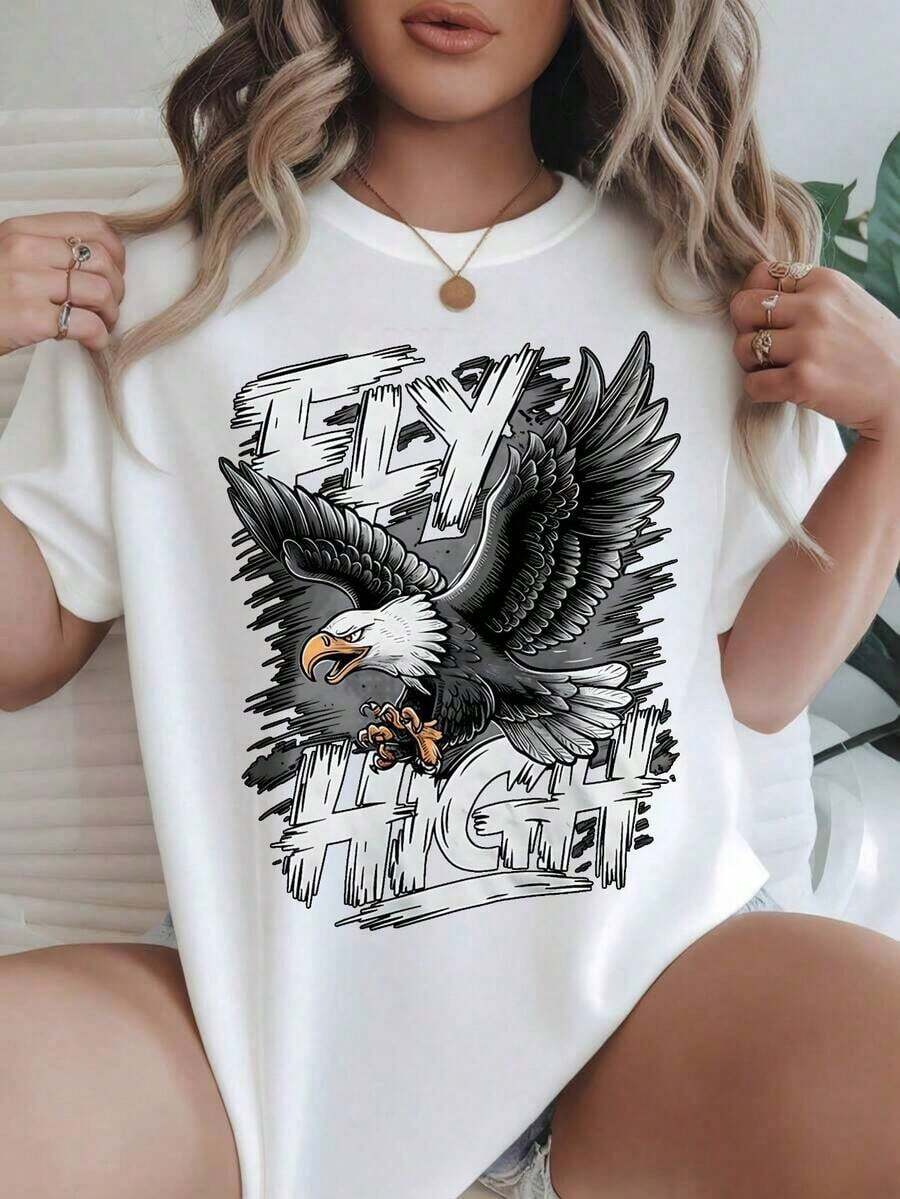 Women's Casual T-Shirt - Short Sleeve T-Shirt With 'Fly High' Eagle Graphic Design, Crew Neck, Summer Top, Machine Washable, Ladies' T-Shirts, Casual Wear, Modern Style, Comfortable Fit
Black 100% Cotton Durable - 白色 - 查看 1
