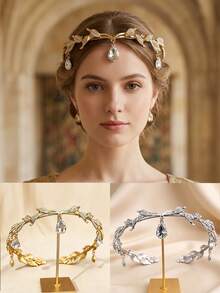 1 Peça Tiara de Luxo Inspirada na Natureza com Folha Dourada e Gota de Cristal, Minimalista e Versátil, Adequada para Madrinhas, Noivas, Sessões Fotográficas, Cosplay, Baile de Formatura - Dourado e branco - Visão 2