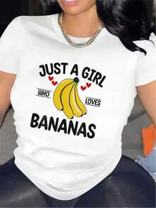 Camiseta con estampado de plátanos |   La primera opción para ropa casual en la sala de estar, tela duradera y ligera, ajuste cómodo, ideal para uso diario, regalo perfecto para amantes de la fruta, camiseta con estampado elegante y divertido, cuello redondo, tela ligeramente elástica. - Blanco - Ver 12