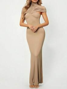 Vestido largo francés tirantes liso primavera 2026, corte ajustado elegante - Caqui - Ver 7