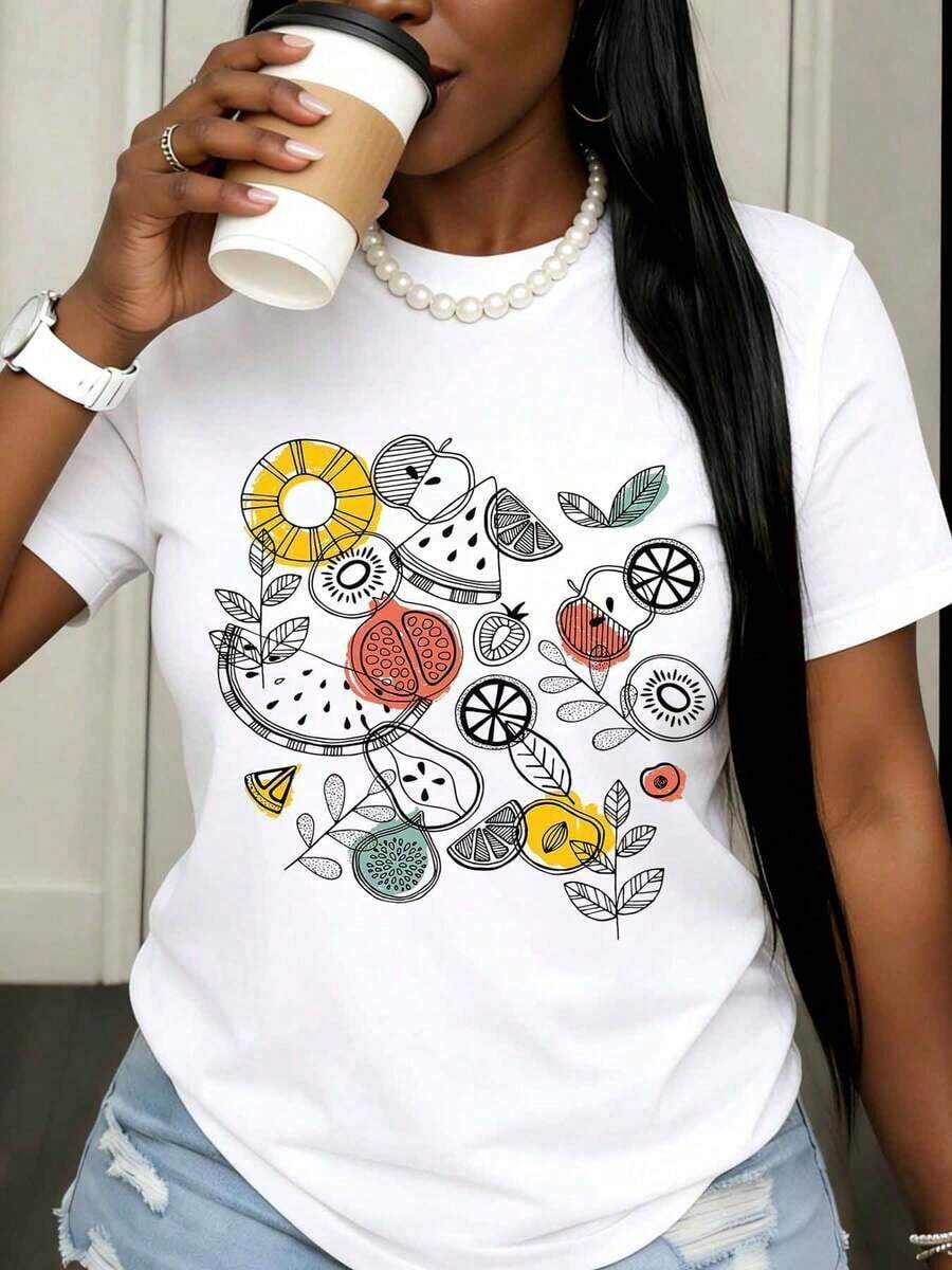 Camiseta de Verano Fresca con Diseño Casual de Frutas y Corazones para Mujer, Top Casual de Verano con Estampado Gráfico, Cuello Redondo, Manga Corta, Atuendo de Moda para Uso Diario - Blanco - Ver 1