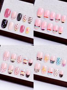 96Pcs/Set Short Oval Press On Nails, Classic Nude, Red, Pink, Green And Gold Color With French Edges, False Nails Featuring Polka Dots, Stripes, And Stars; French Nails With Polka Dots.Suitable For Women And Girls, Party, Daily Wear, Vacations & Other Occasions. Comes With 2pcs Jelly Gel & 2pcs Nail File, Great Gift For Ladies Nails Nail Supplies - Multicolor - View 3