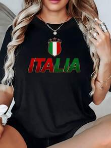 Escudo tricolor con la palabra Italia que representa orgullo nacional pasión deportiva y amor por la cultura italiana camiseta de mujer casual cómoda y moderna - Negro - Ver 1