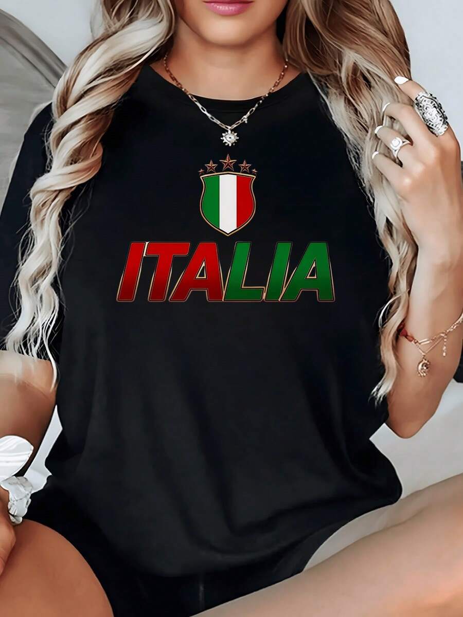 Escudo tricolor con la palabra Italia que representa orgullo nacional pasión deportiva y amor por la cultura italiana camiseta de mujer casual cómoda y moderna - Negro - Ver 1
