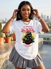 1pcs Ladies' Dragon And Flowers The Original VonDutchs Los Angeles Chop Shop Brand Printed Elegant Short Sleeve T-Shirt Soft Comfortable Crew Neck Fashionable Print Suitable For Spring Summer Fall Versatile 100 Cotton Women's Casual T-Shirt Easy Matching Wardrobe Staple Unisex T-Shirts For Summer Outings - trắng - Xem 10