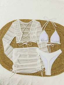 Swim Conjunto de bikini de unicolor con parte superior y falda de cobertura, con escote halter y lazos, para mujer en verano - Blanco - Ver 2
