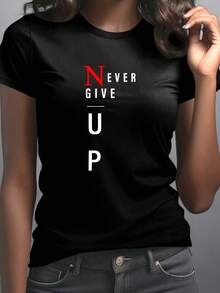 Women's T-Shirt "NEVER GIVE UP" Motivational Print - Round Neck Short Sleeve, Breathable Polyester, Machine Washable, Sporty Style For Casual Outfits And Fashion Enthusiasts, Modern T-Shirt With Medium Elasticity - 黑色 - 查看 1