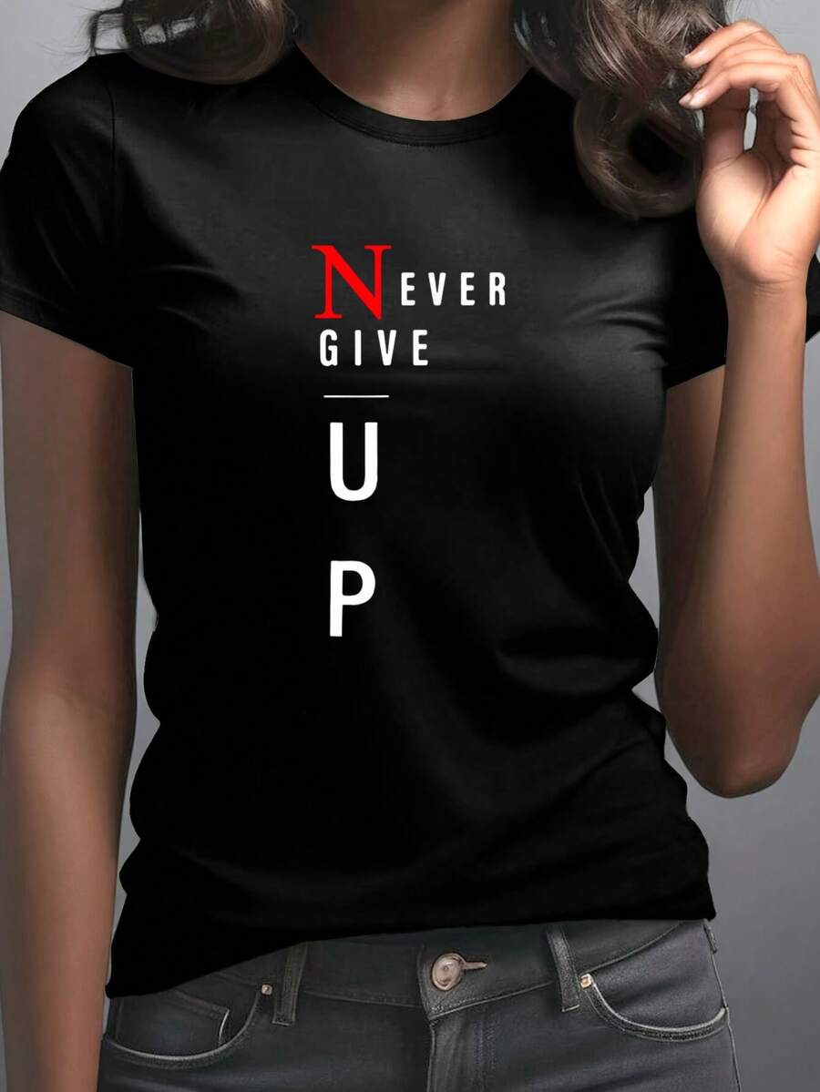Women's T-Shirt "NEVER GIVE UP" Motivational Print - Round Neck Short Sleeve, Breathable Polyester, Machine Washable, Sporty Style For Casual Outfits And Fashion Enthusiasts, Modern T-Shirt With Medium Elasticity - 黑色 - 查看 1