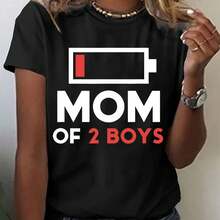 Mother's Day Gift: Women's 'MOM OF 2' Letter Print T-Shirt, A New Casual And Easy-To-Wear T-Shirt With A Round Neck And Short Sleeves For Spring And Summer - 黑色 - 查看 1