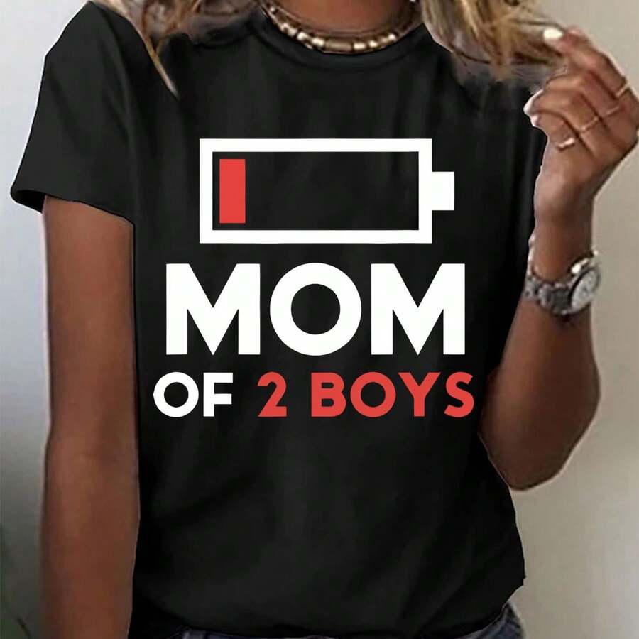 Mother's Day Gift: Women's 'MOM OF 2' Letter Print T-Shirt, A New Casual And Easy-To-Wear T-Shirt With A Round Neck And Short Sleeves For Spring And Summer - 黑色 - 查看 1