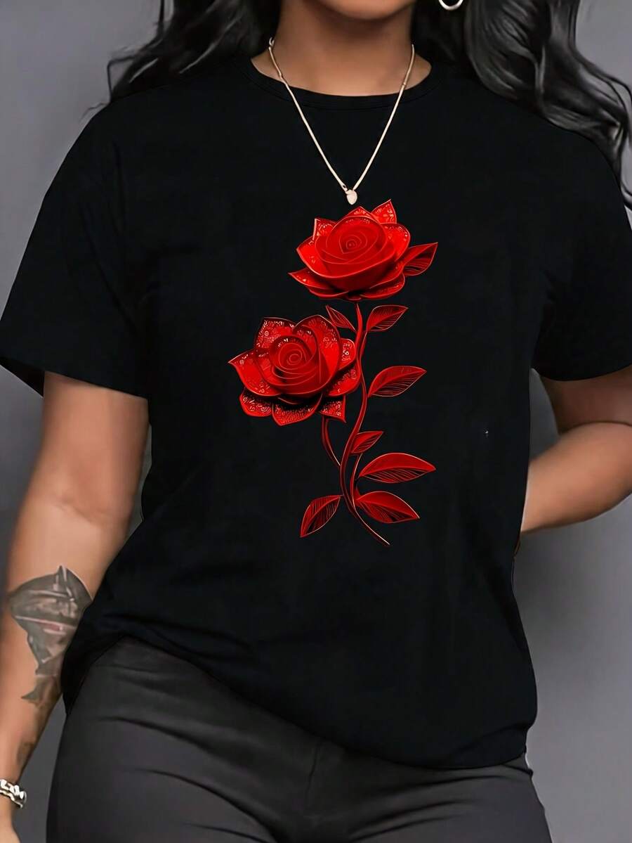 Women's Plus Size Red Short Sleeve T-Shirt - Rose Print, Round Neck, Casual Blouse For Curvy Women, Suitable For All Seasons, Casual Wear And Layering, Loose Fit Top Machine Washable (All Year Round) - 黑色 - 查看 1