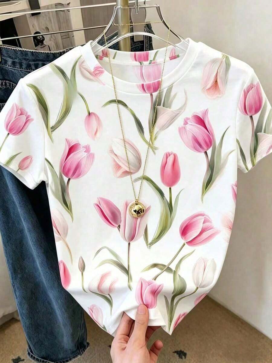 Women's Casual White Round Neck T-Shirt With Tulip Print, Loose Fit And Short Sleeves, For Casual Wear, Holidays And Everyday Use - 彩色 - 查看 1