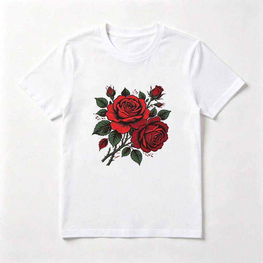 Rosas Rojas Playera de Algodón Blanca Romántica y Clásica - Blanco - Ver 1