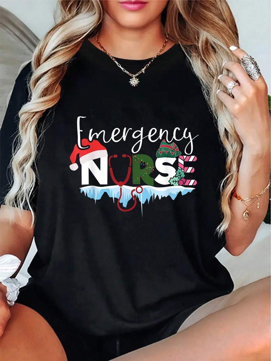 Talla grande - Camiseta casual de cuello redondo para mujer - Camiseta 100% transpirable con elasticidad media, con motivos navideños de enfermera de emergencia, símbolos festivos y comodidad para todas las estaciones, lavable a máquina, regalo navideño, blusa de enfermera, blusas de algodón para mujer, blusas negras para mujer. - Negro - Ver 1