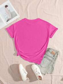 Camiseta de manga corta para mujer, cuello redondo, estampado de letras, casual, versátil, para uso diario, color rojo de verano. - Rosa Fucsia - Ver 2