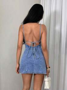 Vestido de mezclilla con tirantes elásticos y espalda descubierta - Azul - Ver 3