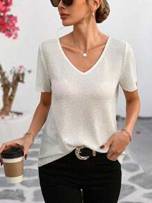 Nueva diseño de camiseta para mujer de manga corta con lazo de contraste, espalda con cordones y estampado de lámina de oro - Blanco - Ver 2