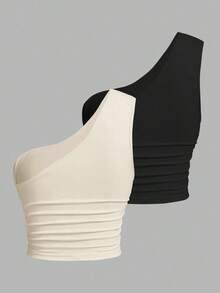 Blusa de un hombro de punto en tonos negro y beis para mujer - Albaricoque - Ver 2