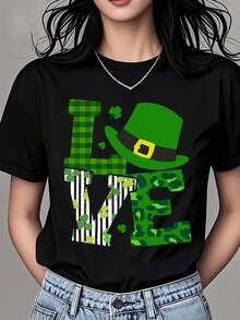 Women's Crew Neck T-Shirt With Leprechaun Hat And Shamrock Print To Celebrate St. Patrick's Day - 黑色 - 查看 7