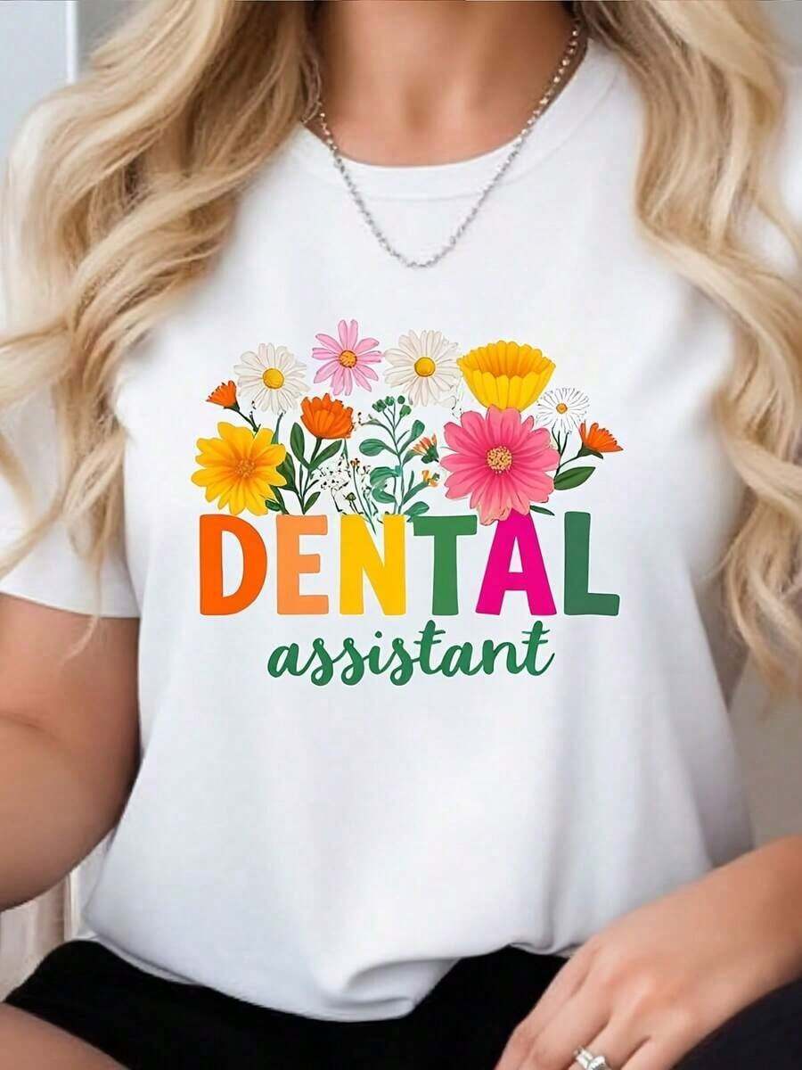 1 Piece Women's Short Sleeve Crew Neck T-Shirt | Dental Assistant Colorful Floral Print Design | For Dental Professionals And Caregivers | Vibrant And Comfortable To Wear, 180g, 100% Cotton. - 白色 - 查看 1