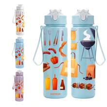 1pc 750ml/26oz 3D Printed Barbecue Pattern Sports Straw Water Bottle, 5 Color Options, With Handle Strap For Easy Carrying, Compact Durable Lightweight, Suitable For Outdoor Camping, Sports, Travel, School, Office, Birthday Gift - Multicolor - View 4