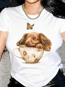 New Arrivals For Summer. Women's Casual Short Sleeve T-Shirt - Dachshund In Teacup And Butterfly Graphic Design For Easter, Soft, Round Neck, Regular Fit, Machine Washable, Spring Summer Top, Dog Print T-Shirt, Semi-Sheer Material, Everyday Top, Graphic T-Shirt, Lightweight, Printed T-Shirt, Fashion Blouse, Shirt > Beautiful. - 白色 - 查看 10