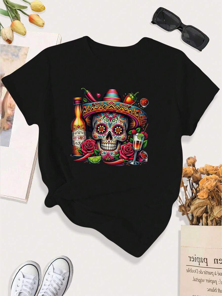 Women's T-Shirt With Mexican Skull Print, Plus Size, Casual Round Neck Sports T-Shirt, Women's Tops - 黑色 - 查看 1