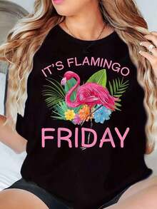 New Arrivals For Summer. Women's Round Neck T-Shirt With Flamingo Print, "It's Flamingo Friday" Graphic Tee, Casual Summer Blouse, Shirt > Beautiful. - 黑色 - 查看 1