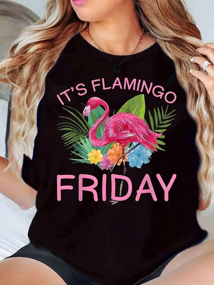 New Arrivals For Summer. Women's Round Neck T-Shirt With Flamingo Print, "It's Flamingo Friday" Graphic Tee, Casual Summer Blouse, Shirt > Beautiful. - 黑色 - 查看 1