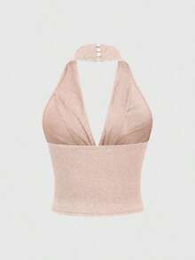 corto de camisola de punto metálico con lentejuelas para mujer, top sexy de espalda descubierta y ajustado al Body - Rosa - Ver 2